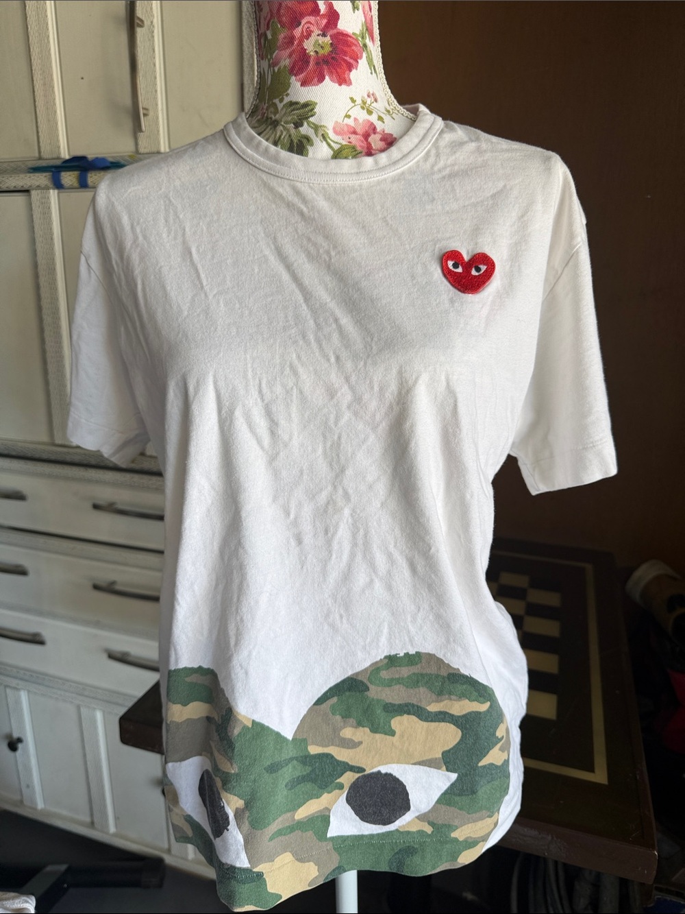 Comme des Garcons White kids Tee with Red Heart Patch and Green Camo Heart Print